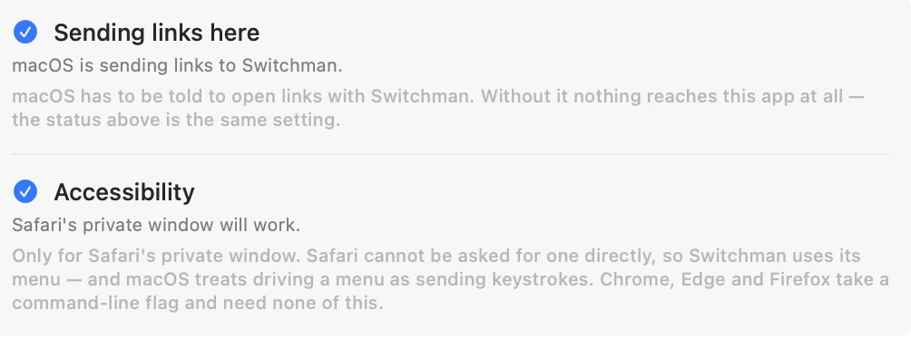 The Permissions section, listing what Switchman has been allowed to do and why it asks.