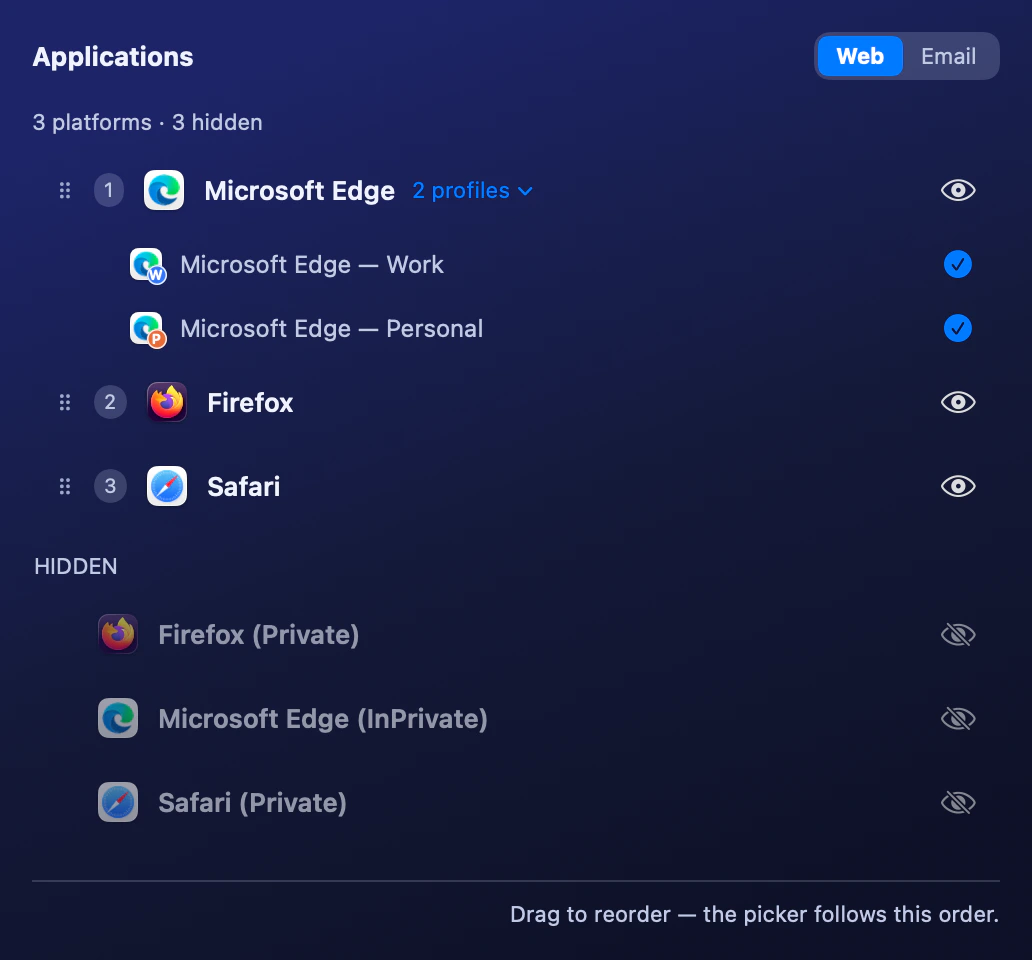 Switchman Applications with Microsoft Edge expanded into unlocked Work and Personal profiles