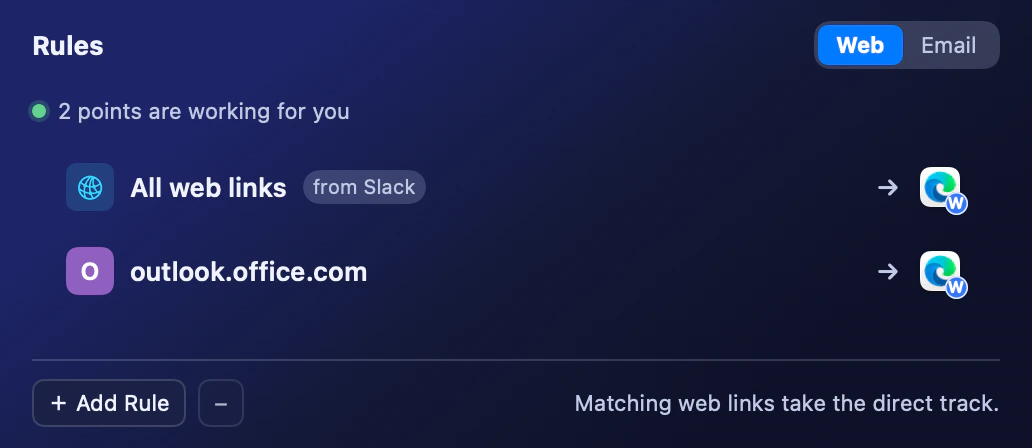 Switchman Rules routing outlook.office.com and links from Slack to the Microsoft Edge Work profile
