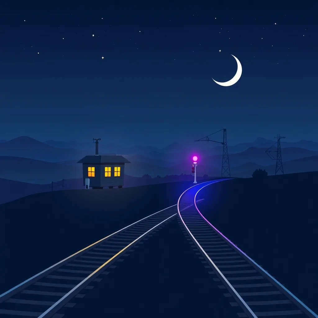 A signal box beside a night railway, one track dividing into two at a lit signal.