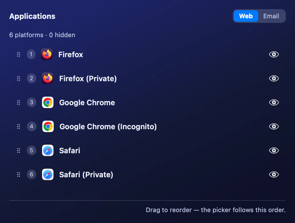 Switchman Applications listing Firefox, Firefox (Private), Google Chrome, Google Chrome (Incognito), Safari and Safari (Private) as six separate destinations, none hidden