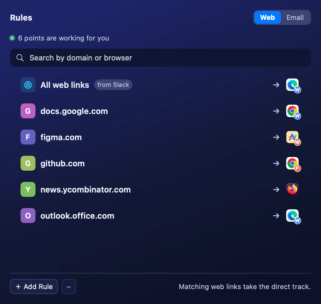 Switchman Rules with example domain routes to Chrome Work, Chrome Personal, Arc Work and Firefox, plus a Slack source rule to Edge Work